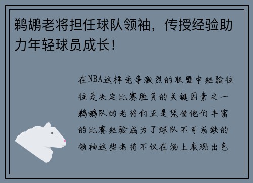 鹈鹕老将担任球队领袖,传授经验助力年轻球员成长!